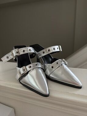 NEW SHEIN Silver Pointed Toe Double Buckle Mules